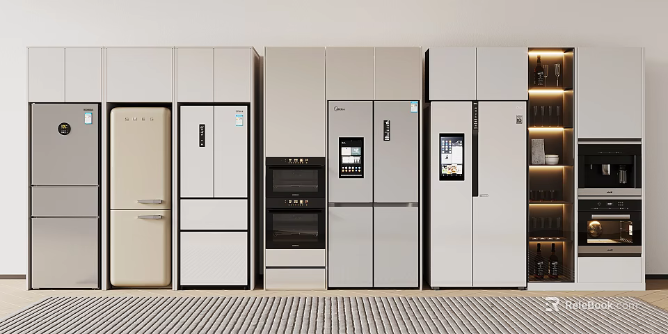 Modern Kitchen Appliances Display With Refrigerators Oven And Built In Features 3d model