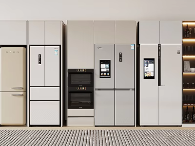 Modern Kitchen Appliances Display With Refrigerators Oven And Built In Features 3d model