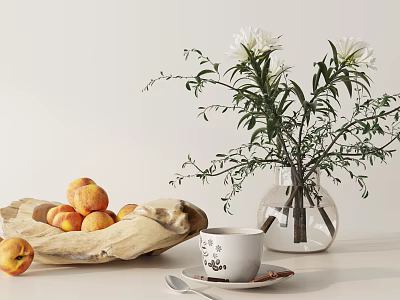 Decorative Ornament Combination With Wooden Bowl Peaches Transparent Vase White Flowers Patterned Cup Spoon Saucer 3d model
