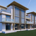 Modern Townhouse Exterior With Large Glass Windows Balconies And Green Lawn