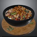 Colorful Mixed Dish with Chilies Peanuts in Black Bowl on Wooden Tray and Green Garnish