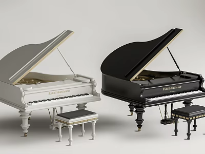 Paul Balmer White And Black Grand Pianos With Stools Musical Instruments 3d model