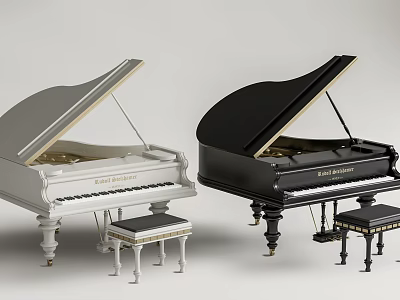 Paul Balmer White And Black Grand Pianos With Stools Musical Instruments 3d model