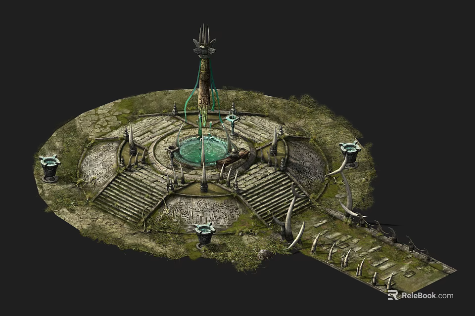 Ancient Mystical Stone Platform With Central Totem Vine Covered Steps And Lanterns 3d model 