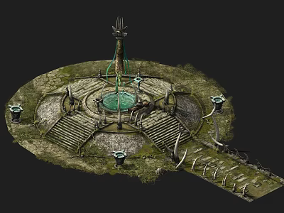 Ancient Mystical Stone Platform With Central Totem Vine Covered Steps And Lanterns 3d model