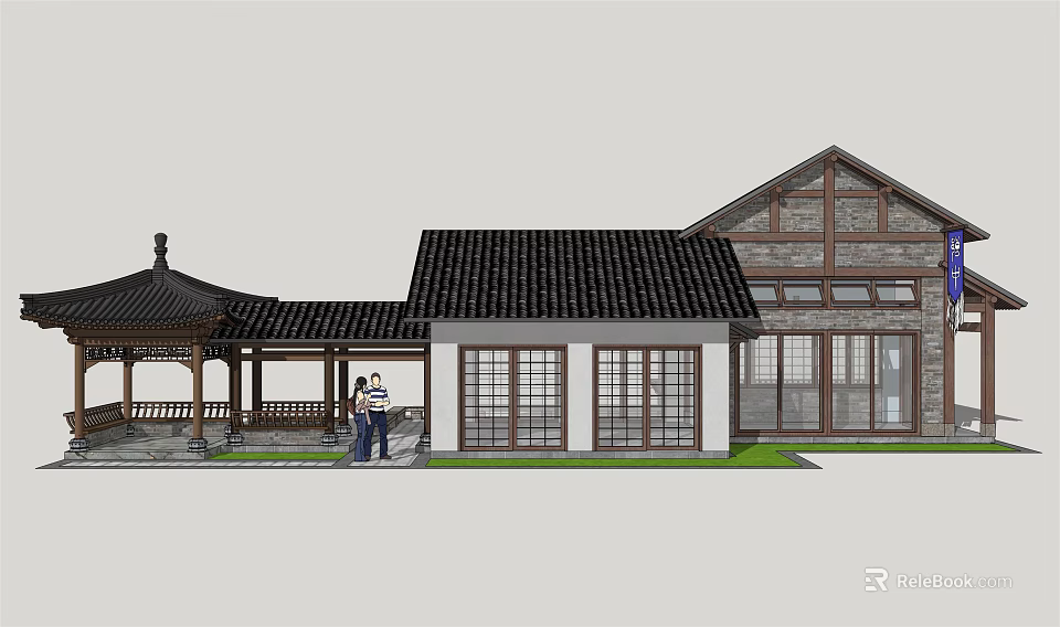 Traditional Chinese Commercial Complex With Black Tile Roof Wooden Structure And Outdoor Leisure Area 3d model 