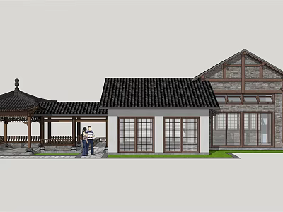 Traditional Chinese Commercial Complex With Black Tile Roof Wooden Structure And Outdoor Leisure Area 3d model