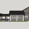 Traditional Chinese Commercial Complex With Black Tile Roof Wooden Structure And Outdoor Leisure Area