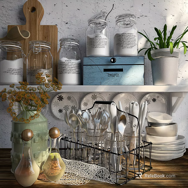 Elegant Modern Kitchen Dinnerware And Cutlery Set With Plates Spoons Knives Vase And Glass Jars 3d model 