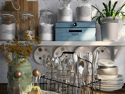 Elegant Modern Kitchen Dinnerware And Cutlery Set With Plates Spoons Knives Vase And Glass Jars 3d model