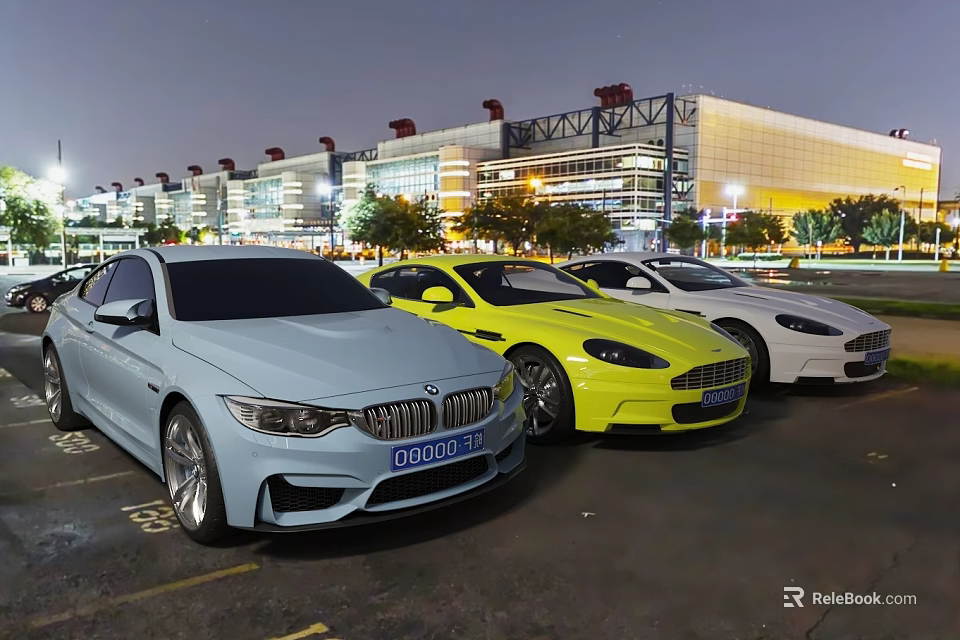Luxury Sports Cars Parked Outside Modern Stadium At Night 3d model 