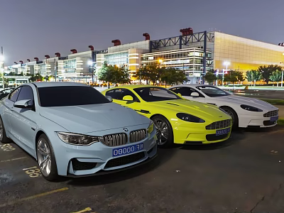 Luxury Sports Cars Parked Outside Modern Stadium At Night 3d model