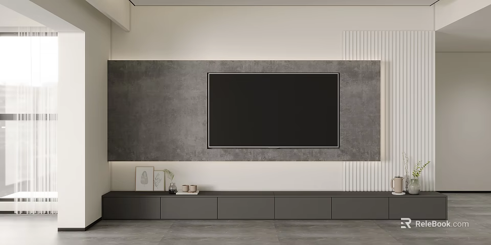 Minimalist Modern TV Wall With Gray Panel And Cabinets 3d model