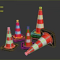 Red And White Striped Traffic Cones With Black Bases On
