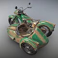 Green Vintage Motorcycle With Rustic Sidecar And Classic Retro Design Elements 3d model