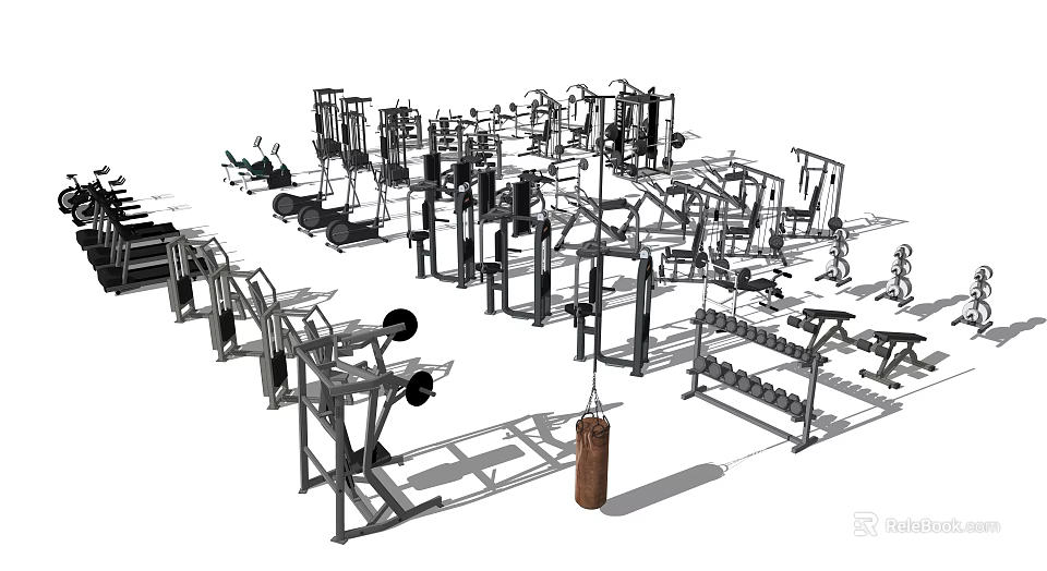 Diverse Sports Equipment in Gym Setup Including Weight Machines Dumbbells Punching Bag and Benches 3d model 