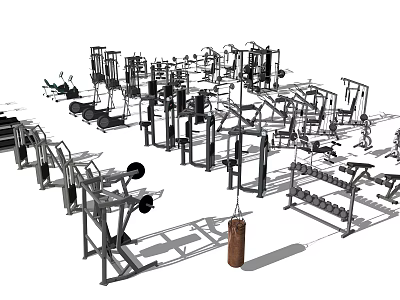 Diverse Sports Equipment in Gym Setup Including Weight Machines Dumbbells Punching Bag and Benches 3d model