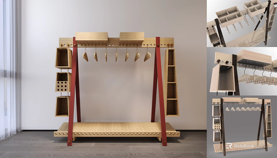 Wooden Clothes Rack With Multiple Hanging Hooks Side Shelves And Storage Compartments 3d model