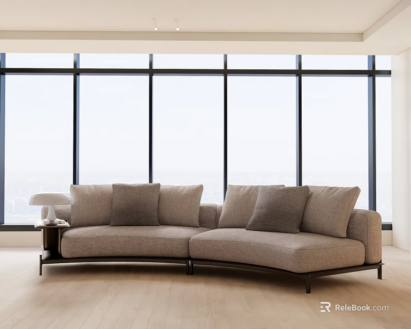 Comfortable Light Gray Sectional Sofa With Plush Cushions And Ocean View Through Large Windows 3d model