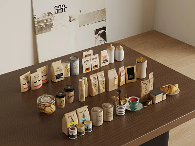 Café Wooden Table Display With Coffee Bags Cans Mugs Pastries And Decorative Prints 3d model