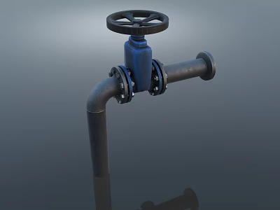 Industrial Black Pipe Valve With Blue Handle And Flanged Connections 3d model