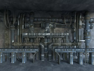 Industrial Mechanical Setup With Metal Pipes Valves And Concrete Wall Structure 3d model
