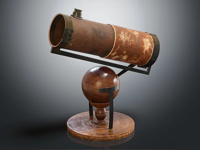 Commercial Vintage Telescope With Rustic Brass Barrel Spherical Base Wooden Platform And Metal Stand 3d model