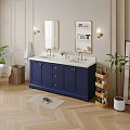 Stylish Bathroom Interior With Blue Vanity Two Gold Framed Mirrors And Wall Lamps