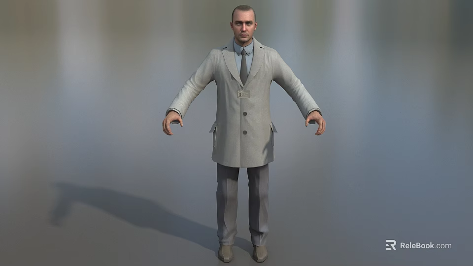 Game Movie Character Wearing Gray Coat Tie Gray Pants and Shoes Standing 3d model 