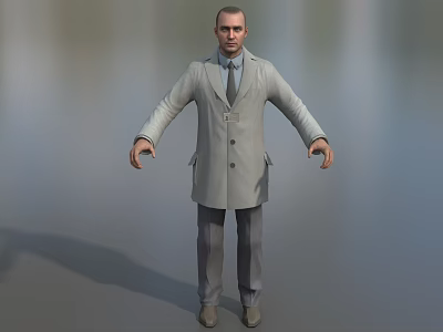 Game Movie Character Wearing Gray Coat Tie Gray Pants and Shoes Standing 3d model