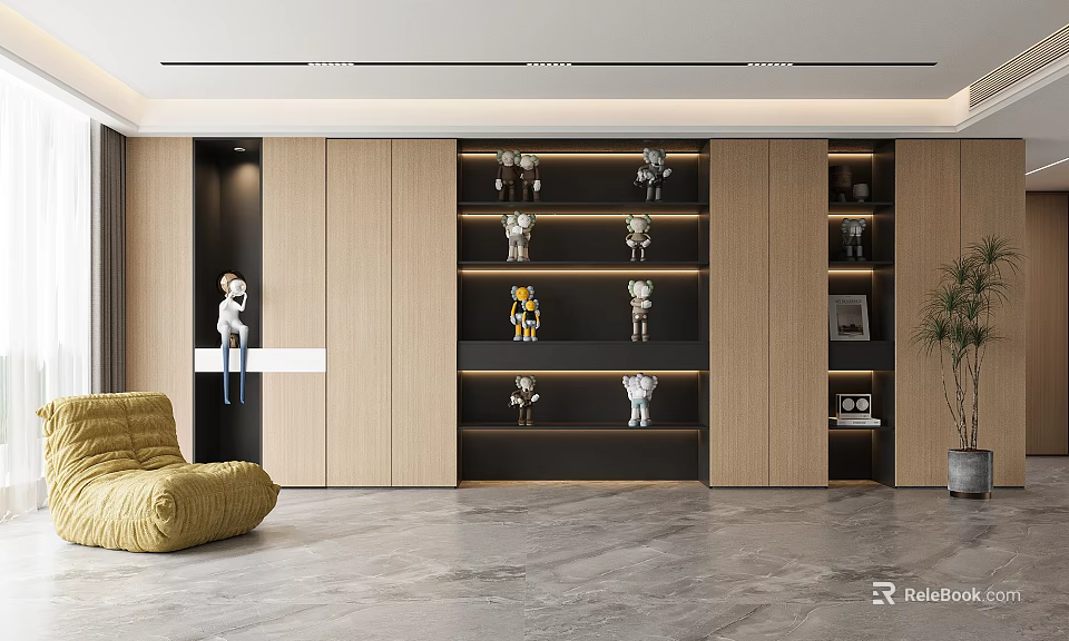 Modern Wooden Bookcase With Open Shelves And Decorative Figurines In Living Room 3d model 