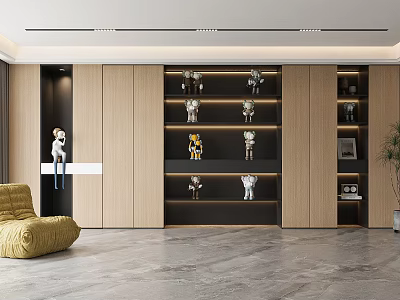 Modern Wooden Bookcase With Open Shelves And Decorative Figurines In Living Room 3d model