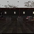 Chinese Style Restaurant Interior With Chandelier Wooden Tables Chairs Decorative Vase And Wooden Decorations