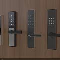 Modern Smart Door Locks With Various Designs On Wooden Wall Panel