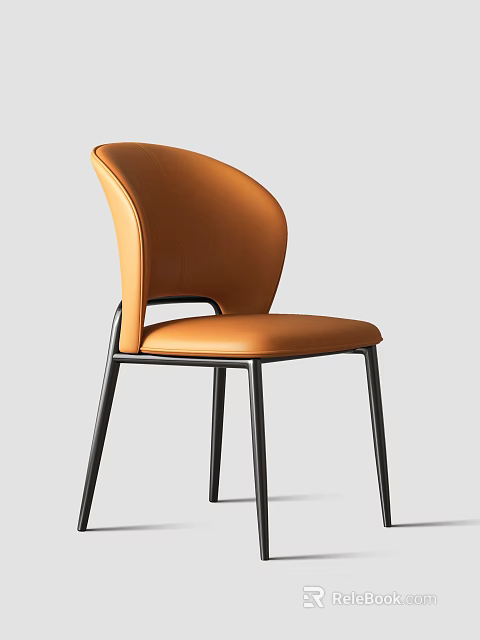 Modern Orange Leather Dining Chair with Curved Back and Black Metal Legs 3d model 