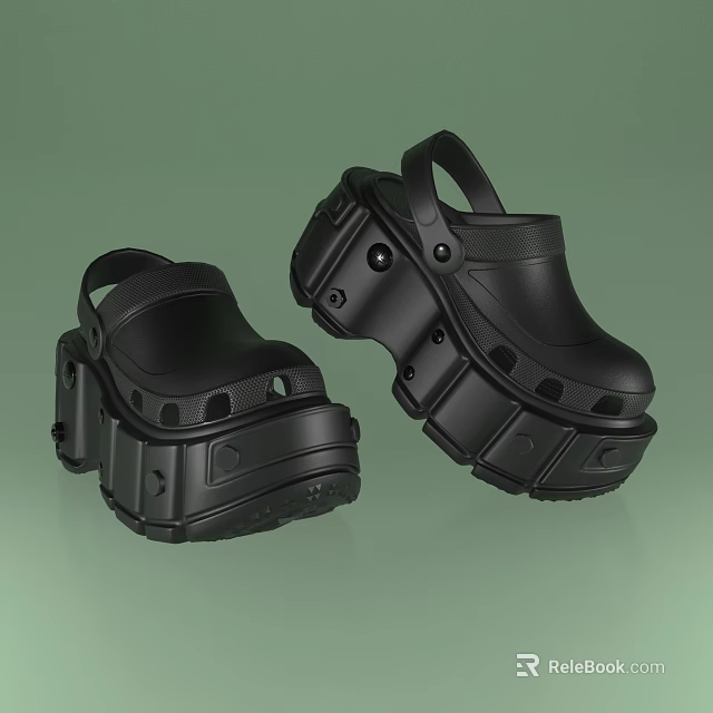 Black Platform Clogs Shoes With Structured Thick Sole And Perforated Design 3d model 