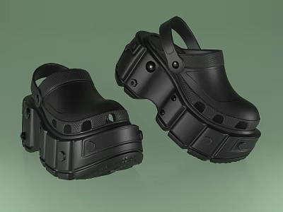 Black Platform Clogs Shoes With Structured Thick Sole And Perforated Design 3d model