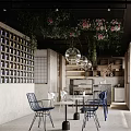 Modern Café Interior Design With Hanging Plants Spherical Pendant Lights Wooden Tables And Metal Chairs