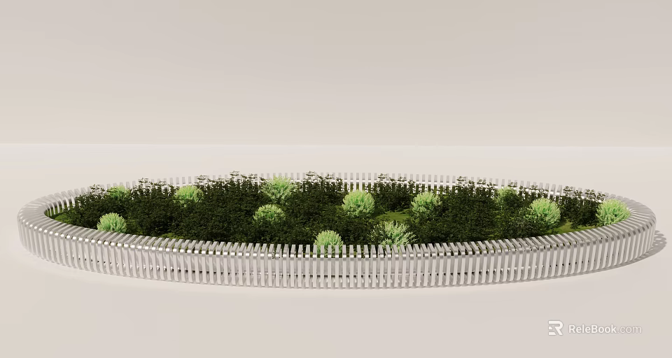 Circular Garden Landscape With White Picket Fence Green Shrubs And Plants 3d model 