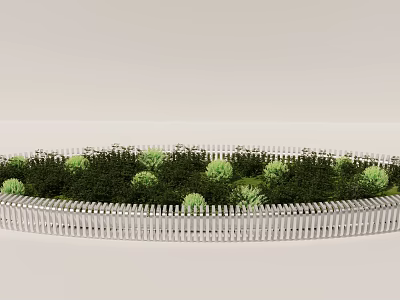 Circular Garden Landscape With White Picket Fence Green Shrubs And Plants 3d model