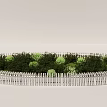 Circular Garden Landscape With White Picket Fence Green Shrubs And Plants