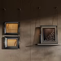 Abstract Paintings Hanging on Wooden Background Wall with Square Ornate Frames and Geometric Line Elements