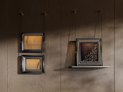 Abstract Paintings Hanging on Wooden Background Wall with Square Ornate Frames and Geometric Line Elements 3d model