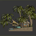Tropical Island Scene With Palm Trees Hut And Blue Water Pool