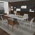 Modern Dining Table Set With Marble Top Beige And White Chairs Bookshelves And Natural Light