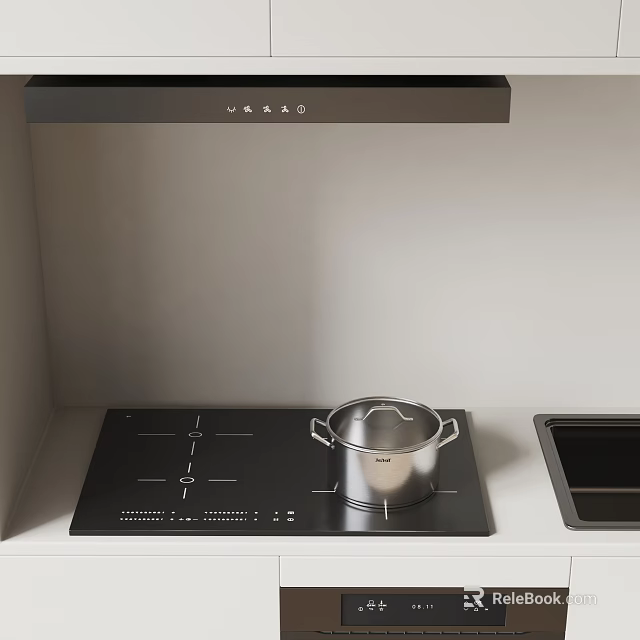 Modern Kitchen Interior With Black Range Hood Induction Cooktop And Stainless Steel Pot Sink 3d model 