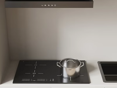 Modern Kitchen Interior With Black Range Hood Induction Cooktop And Stainless Steel Pot Sink 3d model