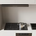 Modern Kitchen Interior With Black Range Hood Induction Cooktop And Stainless Steel Pot Sink