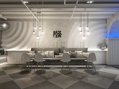 Modern Luxury Bubble Tea Shop Interior Design With Seating Area And Pendant Lights 3d model