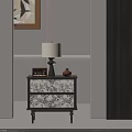 Modern Bedroom Interior With Table Lamp Radio And Decorative Jar On Patterned Drawer Nightstand